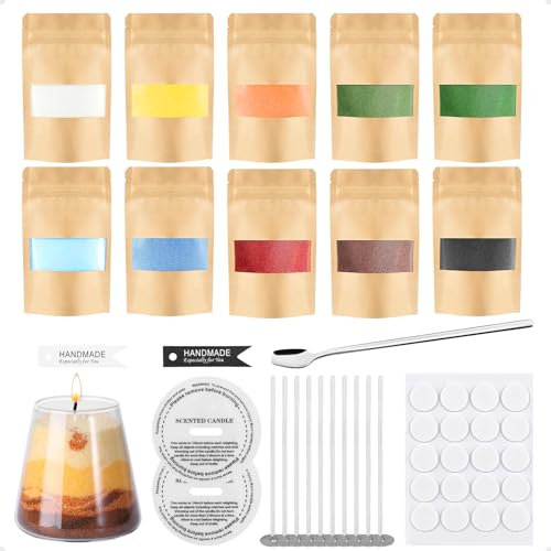 LONHCHI 10 Farben Kerzensand mit Docht, 500g Kerzensand Dekosand Kerzenwachs Granulat, DIY Kerzengranulat Set, Paraffinwachs für Kerzen Selber Machen Set mit 10 kerzendocht und 2 Kerzenbecher,1 Löffel