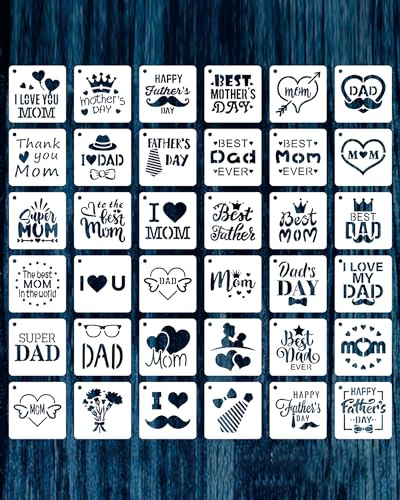 Set di 36 stencil per la festa della mamma e del papà, 7,6 x 7,6 cm, riutilizzabili, per fai da te, mobili, legno e scrapbooking, regalo creativo per genitori e bambini