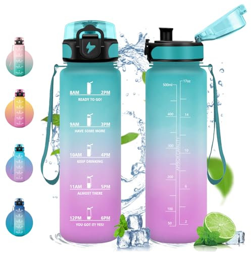 Vikastar Botella Agua, 500ml, Botella de Agua Deportiva, Botella con Filtro de Agua, Libre de BPA, Cantimplora para Deportes, Fitness, Yoga, Verde-Rosa