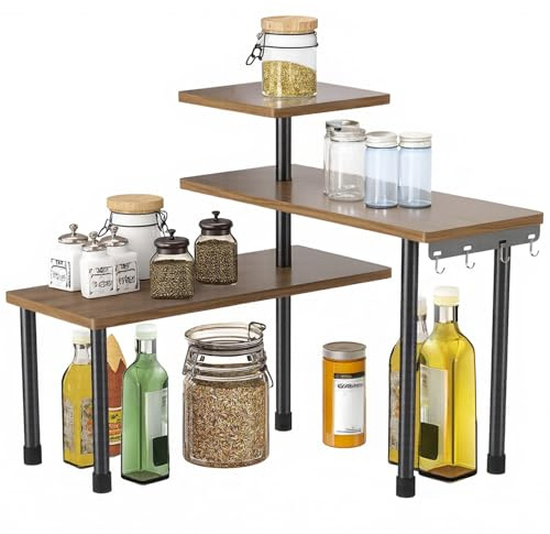 Kitchen Storage Organisation Countertop Organizer 3 Tier Corner Shelf Organiser with 4 Side Hooks Kitchen Counter Organizer Shelves Storage for Bathroom Counter Coffee Area Over Sink Dresser Table