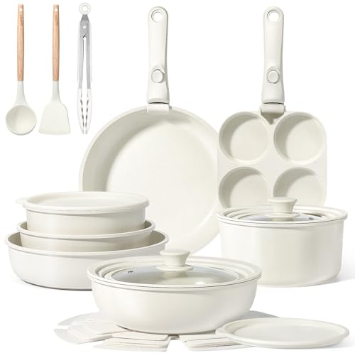 GiPP Detachable Handle Cookware Set, 21-piece Granite Non-Stick cookware Set, Suitable for Induction hobs, Oven-Safe, and Compatible with All Types of cookware White