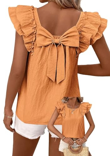 TUUHAW Femme Chemisier Summer Top Chic et Élégant Haut à Volants Nœud | Femme Chemisier Summer Top Chic et Élégant, Haut à Volants Tunique Été Lâche Mousseline Blouse, avec Dos à Nœud Col Rond