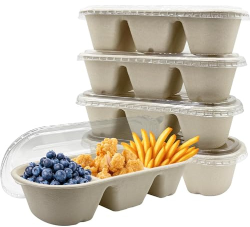 La Llareta 20 PCS Caja Bento Ovalada de 3 Compartimentos, 1100ml Cajas de Almuerzo Desechables con Tapa, Resistentes al Aceite y Agua, Contenedores iodegradables para Llevar y Picnic