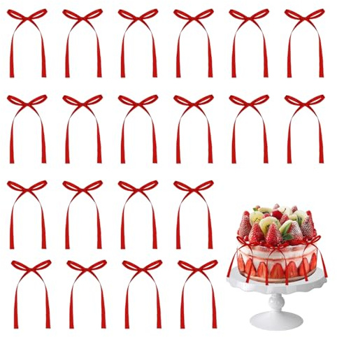 Xanthelle Décoration de Gâteau, 20 Pièces Noeuds Rouges Cake Topper, Décoration Cupcake pour Anniversaire Femme & Mariage, Noeuds de Fête