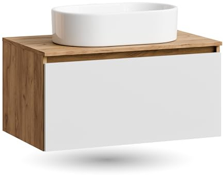 Planetmöbel - Set di mobili da bagno Arisa, mobile sottolavabo 80 cm in rovere bianco dorato, lavabo 55 cm bianco, incl. sifone salvaspazio