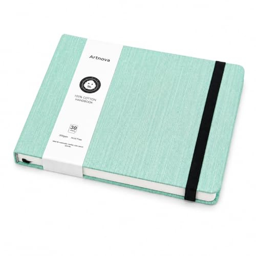 Cuaderno de dibujo A5 verde 100% algodón 300 gsm, horizontal apaisado – Bloc acuarela y tinta, 30 hojas (60 páginas), papel prensado en caliente – Sketchbook viaje con bolsillo interior