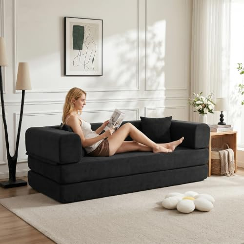 luckdect Canapé Convertible 3 Places, Canapé Lit Convertible avec Coussin Cylindrique et Cadre Métal à Forme Fixe, 2 Coussins, Canapé Lounge au Sol pour Salon,Chambre, Espace Détente ou Studio
