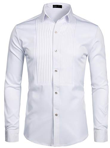 ZEROYAA Mens Slim Fit Long Sleeve Tuxedo Dress Shirts/Prom Performing Shirts Z54 White Large