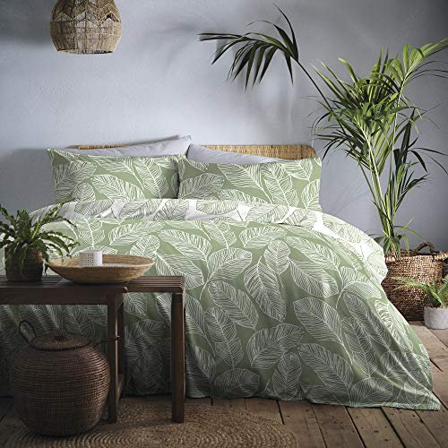 Fusion Matteo Leaf Duvet Cover, Single Size (135 x 200cm), Reversible Design, White & Green, Sage Bedding, Matteo Collection