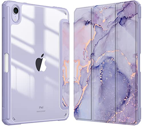 Fintie Hybrid Slim-fodral för iPad Mini 7 (A17 Pro, 7:e gen.) 2024/iPad Mini 6 (6:e gen.) 8,3 tum [inbyggd pennhållare] stöttåligt fodral, klart transparent baksideskal, ljuslila marmor
