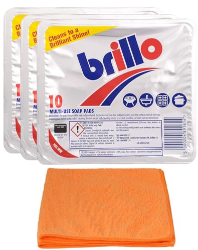Brillo Lot de 3 x 10 tampons de savon multi-usage avec chiffon de nettoyage en microfibre ultra absorbant