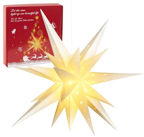 SUNBEAUTY Weihnachtsstern Beleuchtet Batterie mit Timer, 58CM Hängend Weihnachtsdeko Aussen Led Stern, 3D Leuchtstern, Weihnachtsstern für innen und außen