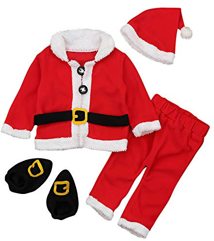 amropi Niño Bebé Christmas Santa Abrigos Tops y Pantalones y Sombrero y Calcetines 4 Piezas Trajes Cálidos(Rojo Blanco,5-6 años)