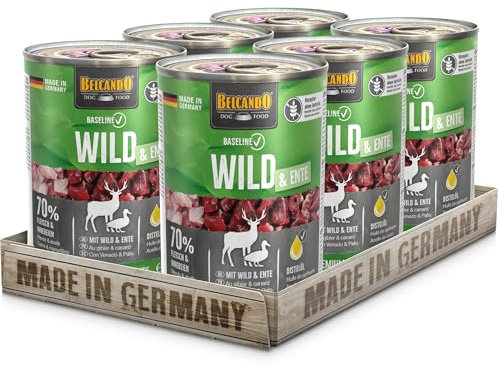 BELCANDO Baseline Nassfutter für Hunde, Wild & Ente, 6X 400g Dose, 70% Fleisch für ausgewachsene Hunde, Hundefutter nass ohne Getreide, Made in Germany