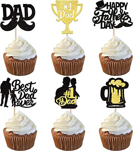 24 Stück Happy Father's Day Tortendeko Glitzer Best Dad Ever Cupcake Toppers Love Moustache Hat Kuchen Deko für Thema Geburtstag Party Schwarz Gold