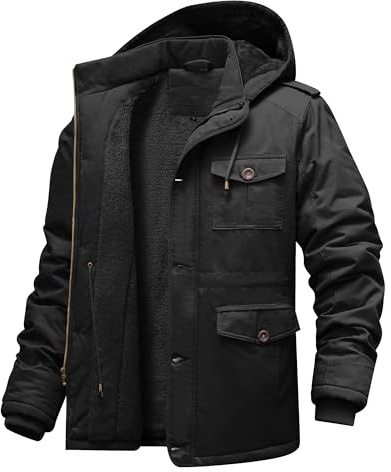 CHEXPEL Men's Winter Jackets with Removable Hood Fleece Lined Cotton Military Work Jackets Outerwear Coats with Pockets Black L
