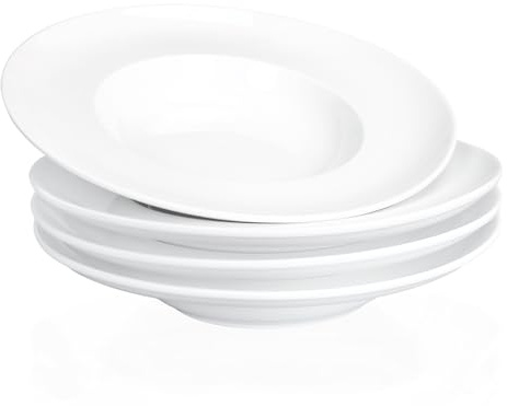 Jinsongdafa Set di 4 Piatti da Zuppa e Pasta - Ciotole Fonde 340 ml, Bordo Bianco, Porcellana Alta Qualità (28 cm) - Miglior Regalo