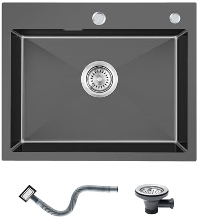KINKIBOS Fregadero de cocina de acero inoxidable 304, 55 x 45 cm, color negro y gris, empotrable con orificio para grifo y rebosadero (sin sifón), 1 lavabo rectangular, para armario bajo de 60 cm
