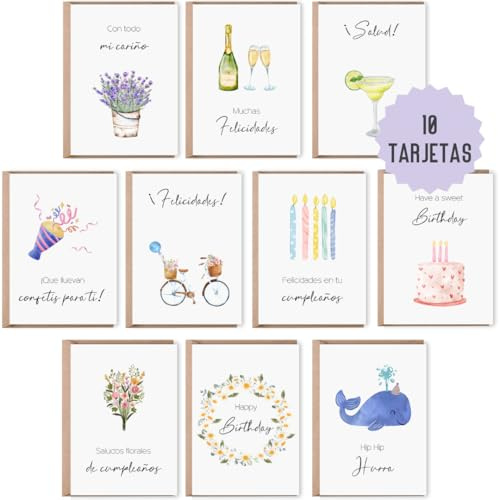 10 tarjetas de cumpleaños | tarjetas de felicitación de cumpleaños | set de 10 tarjetas plegables Feliz Cumpleaños incluyendo sobre natural | tarjetas de felicitación acuarela (cumpleaños)