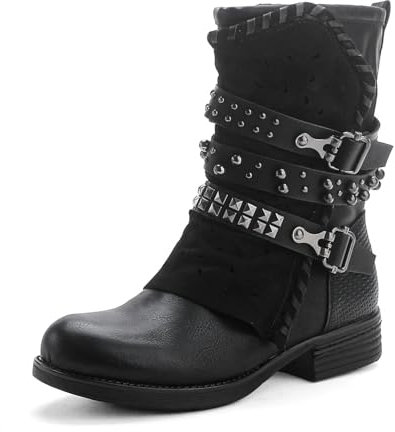Pogolino Damen Stiefeletten Nieten Biker Boots mit Reißverschluß flach bequem Stiefel ST016 (ST15 Schwarz 39)