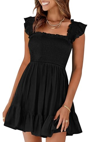 Prinbara Womens Summer Casual Square Neck Smocked Short Sundress 2026 Spring Beach Vacation Flowy Cute Teen Girl Boho Dresses Black Medium