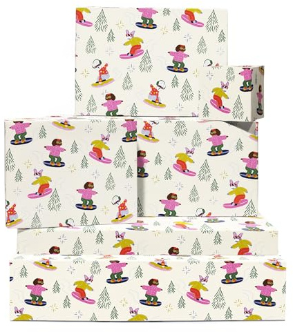 Vitt julpapper - snowboarddjur - för barn, pojkar, flickor, män och kvinnor - 6 ark - med etiketter - för födelsedag, thanksgiving, bröllopsdag, babyshower