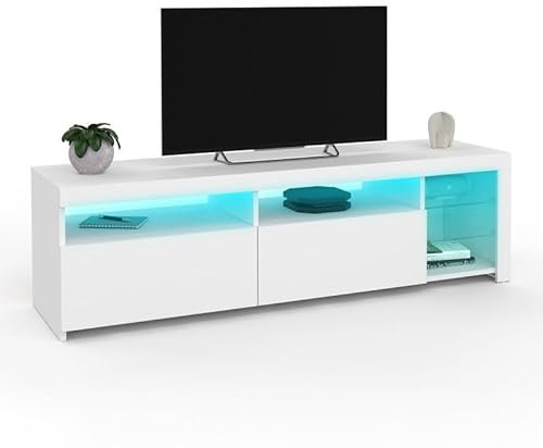 IDMarket - Meuble TV 140 cm SOLVEIG placards et étagères en Verre avec LED Blanc laqué