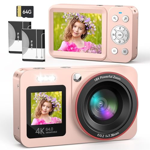 Appareil Photo Numérique 4K 64MP FHD Digital Camera Appareil Photo Compact Portable avec 2 Écran 18X Zoom Carte SD de 64 GB pour Étudiant Débutant Cadeau, Rose