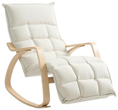 HOMCOM Sedia a dondolo con poggiapiedi regolabile, sedia imbottita per allattamento, sedia a dondolo in lino con gambe in legno di betulla, per camera da letto, soggiorno, 67 x 106-123 x 92 cm, crema