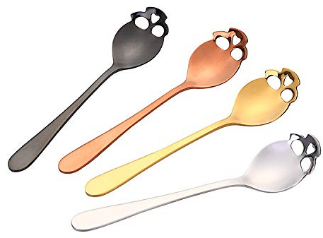 Juego de 4 cucharas de calavera, acero inoxidable 18/10, cucharas de té de calavera de azúcar, café y té, 4 colores