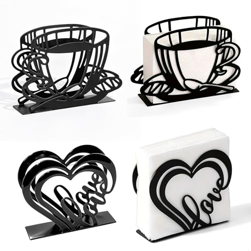 Servilletero, Servilletero de Mesa Servilleteros 4 Unidades, Forma de Corazón y Taza de Café en Metal Organizador de Mesa Antióxido para Cocina Bar Cafetería Restaurante, Negro