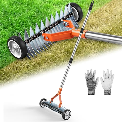 Scarificatore rastrello con ruote, larghezza di lavoro 32 cm, scarificatore manuale regolabile 166 cm, 21 scarificatore, scarificatore manuale in acciaio, per giardino, cortile, prato, arancione