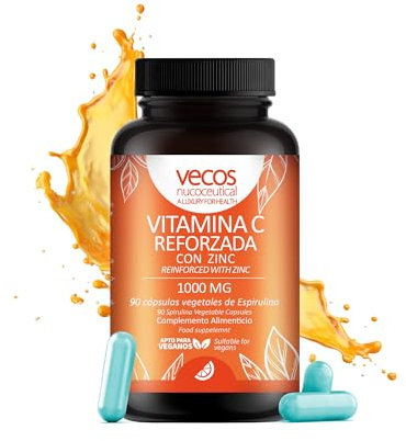 Vecos | Vitamina C 1000 mg con Zinc para Reforzar el Sistema Inmunológico | 90 Cápsulas Vegetales | Ayuda a Reducir el Cansancio y la Fatiga | Potente Antioxidante Natural
