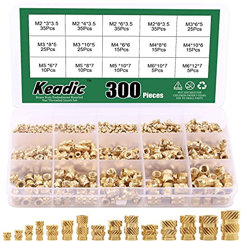 Keadic 300 Pcs M2 M3 M4 M5 M6 Brass Embedment Nut Assortment Kit, Female Thread Brass Knurled Nuts Threaded Heat Set for Fastening Fixing Injection Molding and Printing 3D Printer