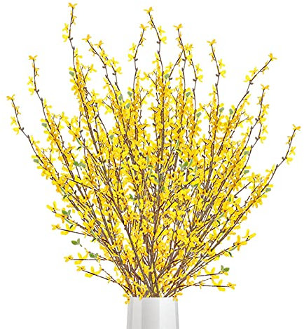 HGFTJY, 4 rami artificiali di forsizia, 100 cm, in finta seta gialla, rami di forsizia, fiori invernali, gelsomino, con foglie, per la decorazione di casa e ufficio