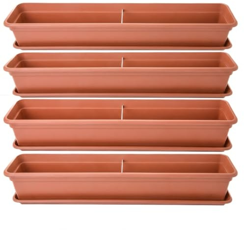 Blumenkasten Balkon 80 cm, 4 Stück Balkonkasten, Blumenkasten Fensterbank außen, Terracotta Blumenkästen Balkon mit Blumenkasten Untersetzer, Balkonkästen aus Kunststoff, Made in EU, Model: Klea