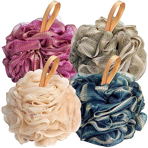 Fishent Loofah Bath Sponge Shower Loofahs, 4 Pack 50g Soft Loofa Exfoliating Body Scrubber Mesh Shower Puff Pouf Ball Luffa for Men and Women(50g/pcs)