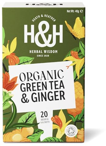 Heath & Heather - Organic Green Tea with Ginger • Invigorating Herbal Fusion with a Zingy Kick • Antioxidant-Rich • Vegan • 20 Tea Bags