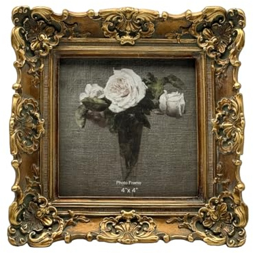 CISOO 4x4 Vintage Small Picture Frame, Antique Ornate Bronze Gold Square Photo Frame, for Table Top and Wall Display, Decorative Floral Design Retro Home Decor, Photo Gallery Art