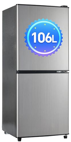 DRIXNO 106L-Zweizonen-Energiesparkühlschrank, 60L-Kühlschrank + 46L-4-Sterne-Gefrierschrank, 7 Temperatureinstellungen, 45 dB, Grau-Silber gebürstet, LED-Beleuchtung