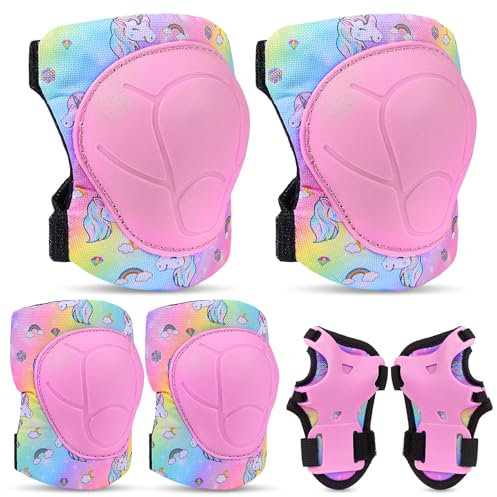 Unicorn Castle Knieschoner Kinder Schoner Set Inliner Schützer 6 in 1 Schutzausrüstung Kinder Ellenbogenschoner Handgelenkschoner Protektoren für 3-8 Jahre,Pink
