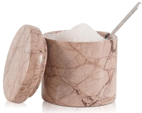 SPESHSTONES Saltkällare i marmor med lock och sked 3 tum saltlåda i marinarasten för kryddor, sockerskål och flagnande salt, dekorativ kryddburk och förvaringsbehållare för kaffe, kök och matbord