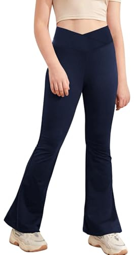 Haloumoning Leggings för flickor, slagbyxor, V-crossover, utsvängda yogabyxor, , sportbyxor för barn, utsvängda byxor för yoga, dans, löpning, Mörkblå, 11-12 år