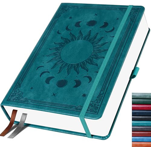 HwxBen Bullet Dotted Journal, Gepunktetes Notizbuch, 256 Seiten, 140 gsm Tintenfestes Papier, PU Hard Cover, Elastisches Band, Innentasche, Für Arbeit, Büro und Schule, 14,5 x 21 cm (SeeGrün)