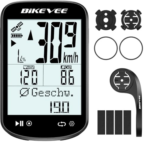 Bikevee GPS Fahrradcomputer Kabellos ANT+ Bluetooth 2.6'' Glasdisplay 50H Akku Standard & Out Front Mount (Schwarz)