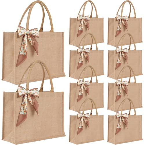 QUINTELLO Large Jute Tote Bag Set. Durable, waterproof and reusable. The ribbon pairs with any outfit, for any occasion. (10 Pack)