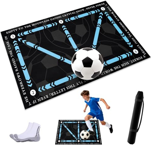 Football/Soccer Training Mat 90x60cm with Grip Socks | Non-Slip, Shock Absorption for Ball Control and Footwork, Stress Relief - Ideal for All Ages,Blue