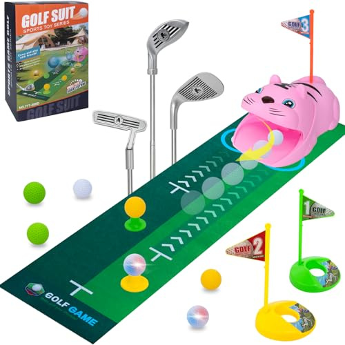 QEEYON Kit de golf pour enfants avec retour automatique de balle, balles de golf lumineuses à LED, 3 clubs, tapis de putting pour garçons et filles à partir de 3 ans (rose)
