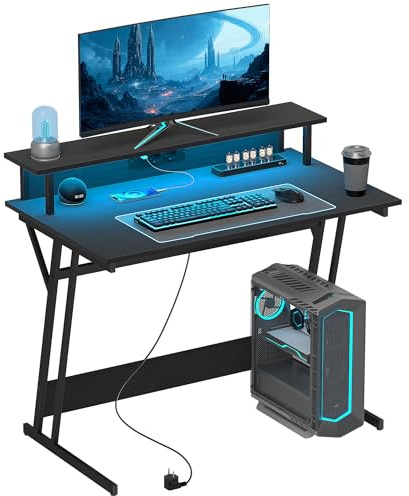 HOMCOM Mesa Gaming con Luces LED y Tomas de Corriente, 100x60 cm, Escritorio Gaming, Mesa Gamer con Soporte para Monitor, Estantes y Control Remoto, para Oficina, Estudio, Negro