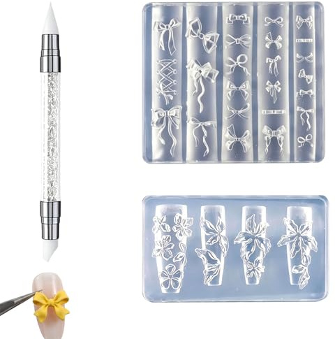 PYRUVAE 2 Pezzi Stampi per Unghie in Silicone 3D con Penna, Formine per Decorazioni Nail Art a Forma di Fiori e Fiocchi, Stampo Trasparente per Manicure Fai da Te, Accessori Professionali per Unghie